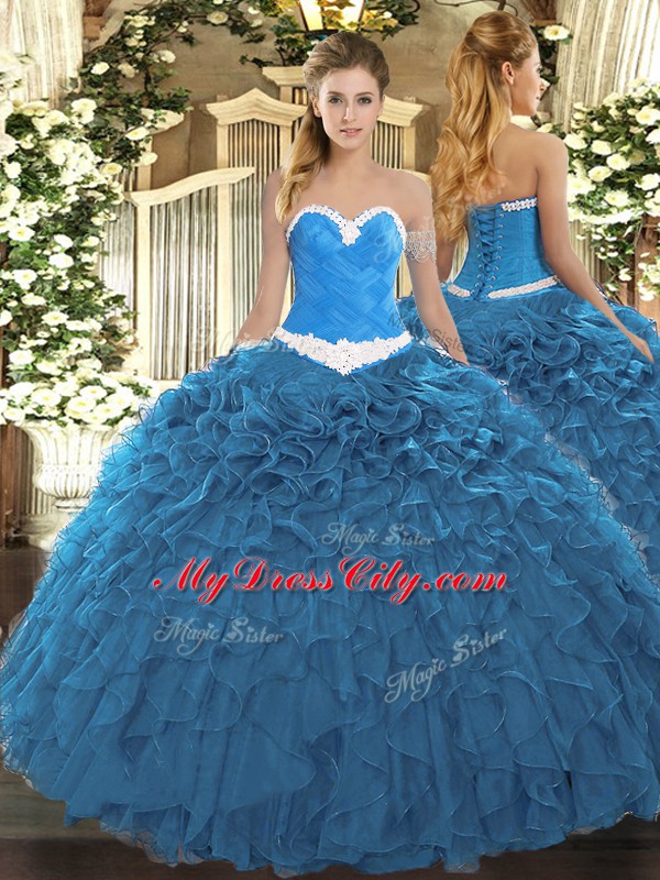 Blue Sweet 16 Quinceanera Dress Military Ball and Sweet 16 and Quinceanera with Appliques and Ruffles Sweetheart Sleeveless Lace Up