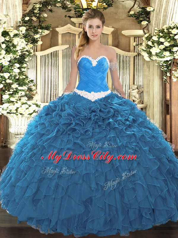 Blue Sweet 16 Quinceanera Dress Military Ball and Sweet 16 and Quinceanera with Appliques and Ruffles Sweetheart Sleeveless Lace Up