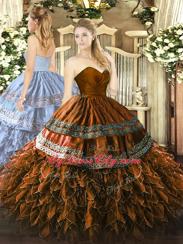 Customized Organza and Taffeta Sweetheart Sleeveless Zipper Embroidery and Ruffles Quinceanera Dresses in Brown