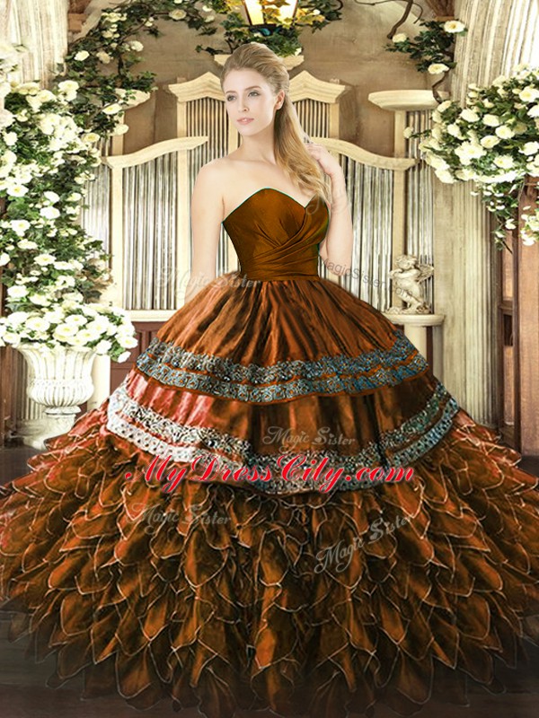 Customized Organza and Taffeta Sweetheart Sleeveless Zipper Embroidery and Ruffles Quinceanera Dresses in Brown