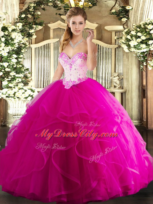 Amazing Tulle Sweetheart Sleeveless Lace Up Beading and Ruffles Sweet 16 Dress in Fuchsia