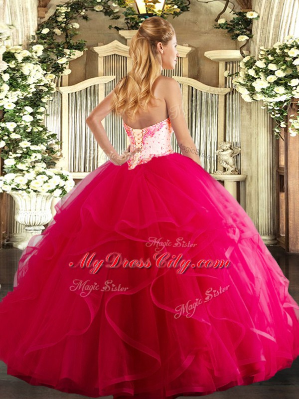 Amazing Tulle Sweetheart Sleeveless Lace Up Beading and Ruffles Sweet 16 Dress in Fuchsia