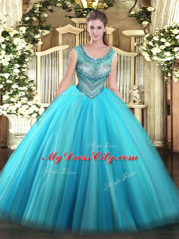 Sleeveless Floor Length Beading Lace Up Quinceanera Dresses with Baby Blue