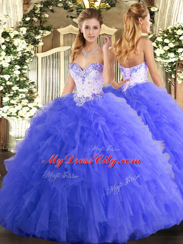 Fine Blue Ball Gowns Beading and Ruffles 15th Birthday Dress Lace Up Tulle Sleeveless Floor Length