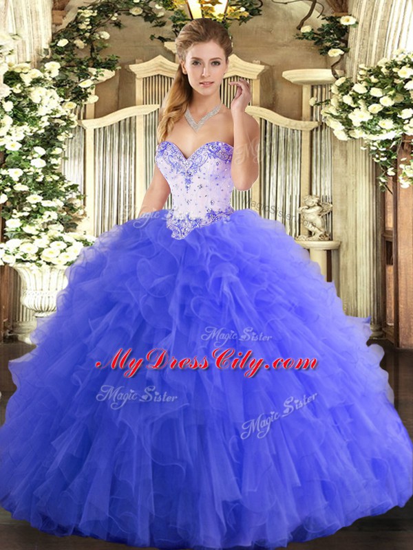 Fine Blue Ball Gowns Beading and Ruffles 15th Birthday Dress Lace Up Tulle Sleeveless Floor Length