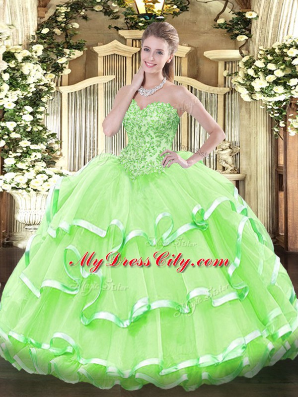 Sleeveless Floor Length Appliques and Ruffled Layers Lace Up Vestidos de Quinceanera with