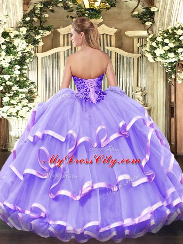 Sleeveless Floor Length Appliques and Ruffled Layers Lace Up Vestidos de Quinceanera with