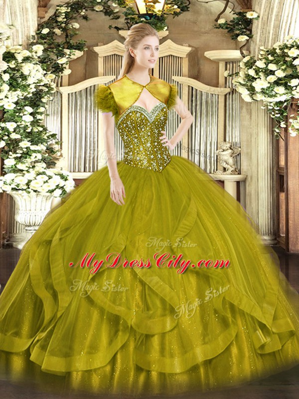 Ideal Sweetheart Sleeveless Lace Up Vestidos de Quinceanera Olive Green Tulle