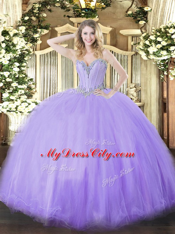 Stylish Lavender Tulle Lace Up Sweetheart Sleeveless Floor Length Quinceanera Dresses Beading