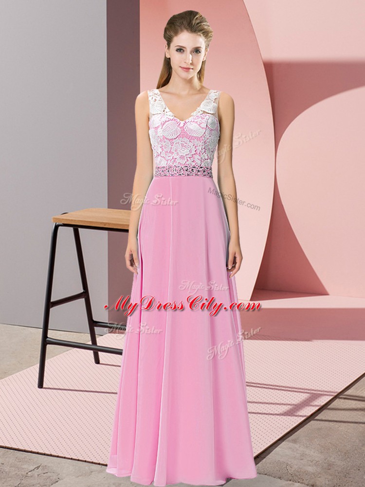 Rose Pink Empire Beading Prom Dresses Backless Chiffon and Lace Sleeveless Floor Length