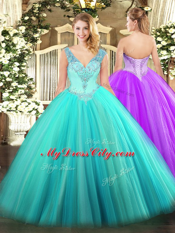 Aqua Blue Ball Gowns Tulle V-neck Sleeveless Beading Floor Length Lace Up Sweet 16 Quinceanera Dress