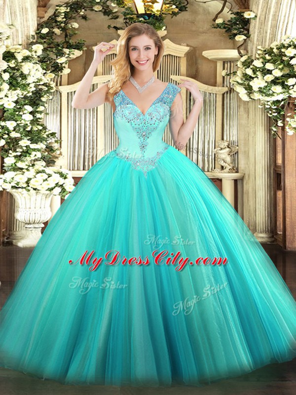 Aqua Blue Ball Gowns Tulle V-neck Sleeveless Beading Floor Length Lace Up Sweet 16 Quinceanera Dress