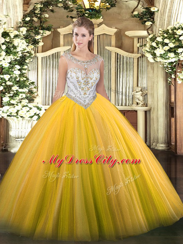 Vintage Scoop Sleeveless Quinceanera Dress Floor Length Beading Gold Tulle