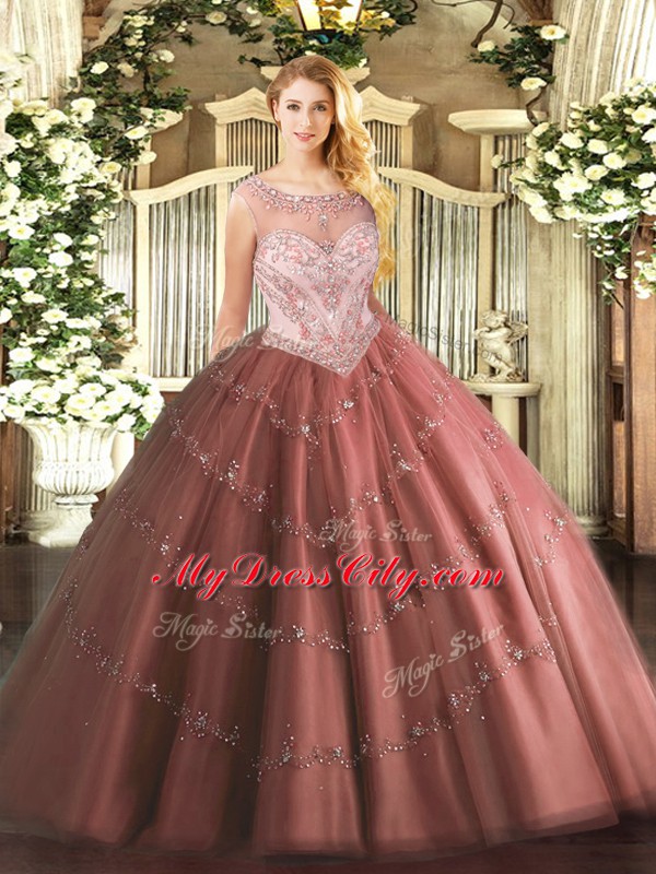 New Arrival Sleeveless Tulle Floor Length Zipper Quince Ball Gowns in Brown with Beading and Appliques