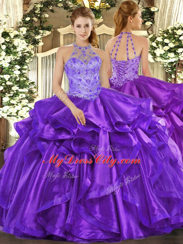 Organza Halter Top Sleeveless Lace Up Beading and Embroidery and Ruffles Quinceanera Gown in Purple