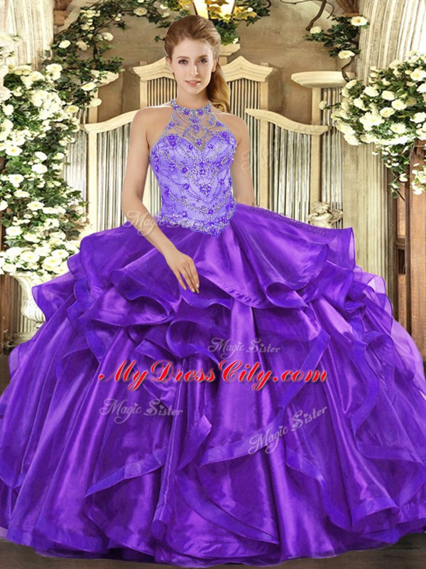 Organza Halter Top Sleeveless Lace Up Beading and Embroidery and Ruffles Quinceanera Gown in Purple