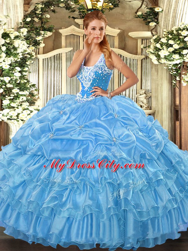 Great Organza Straps Sleeveless Lace Up Beading and Ruffled Layers and Pick Ups Sweet 16 Dresses in Baby Blue