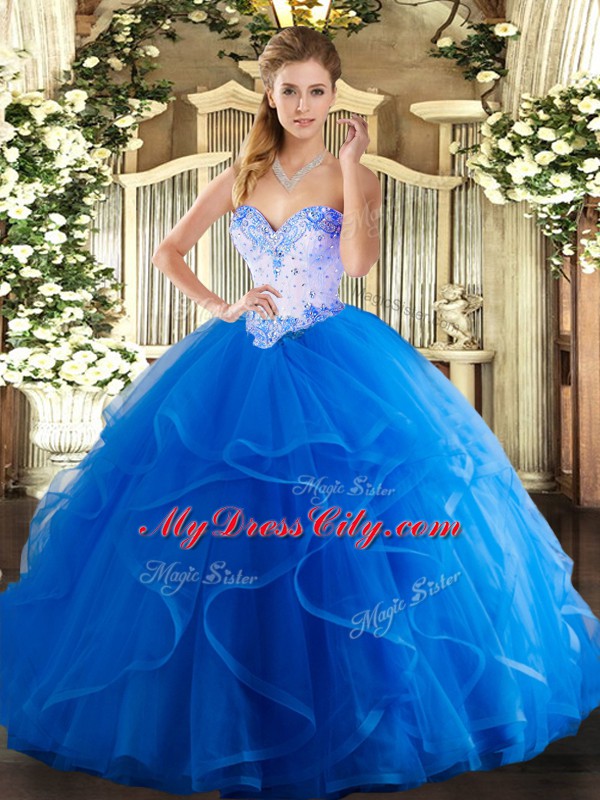 Shining Floor Length Blue Ball Gown Prom Dress Sweetheart Sleeveless Lace Up