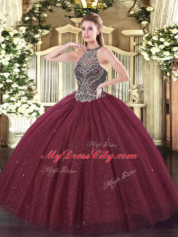 Tulle Sleeveless Floor Length Quinceanera Gowns and Beading