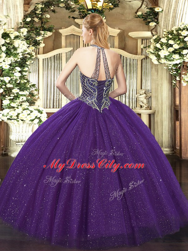 Tulle Sleeveless Floor Length Quinceanera Gowns and Beading