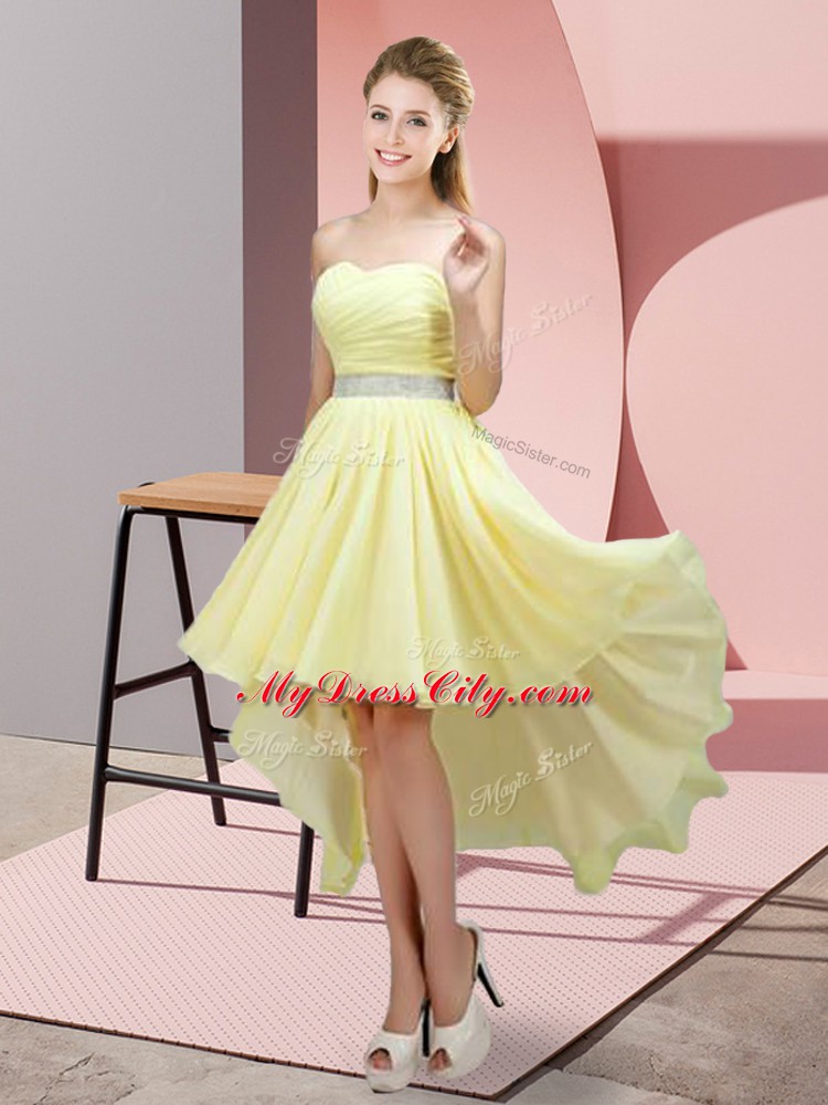 Best Light Yellow A-line Sweetheart Sleeveless Chiffon High Low Lace Up Beading Prom Evening Gown