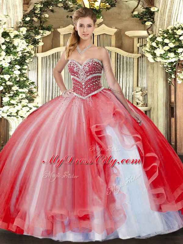 Coral Red Sleeveless Floor Length Beading and Ruffles Lace Up Quinceanera Gown