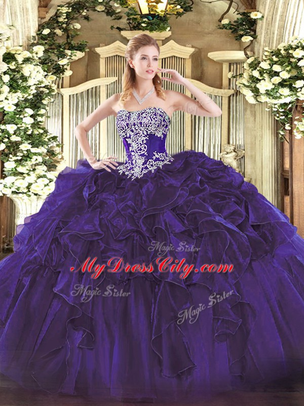 High End Ball Gowns Quinceanera Gowns Purple Strapless Organza Sleeveless Floor Length Lace Up