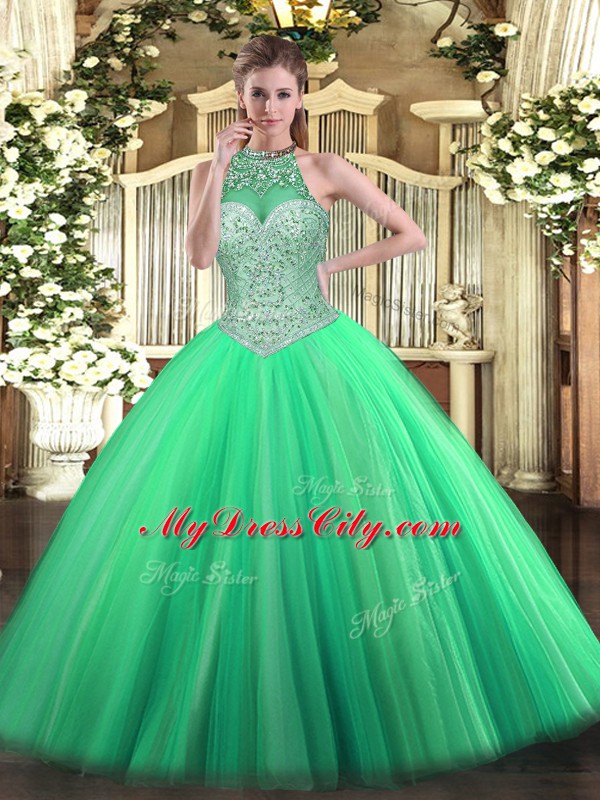 Extravagant Beading Quince Ball Gowns Green Lace Up Sleeveless Floor Length