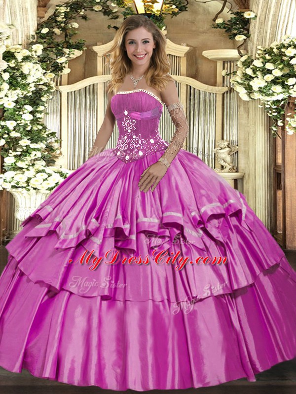 Latest Organza and Taffeta Strapless Sleeveless Lace Up Beading and Ruffled Layers Quinceanera Gown in Lilac