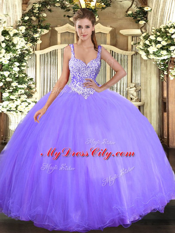 Chic Lavender Ball Gowns Scoop Sleeveless Tulle Floor Length Lace Up Beading Quinceanera Dresses