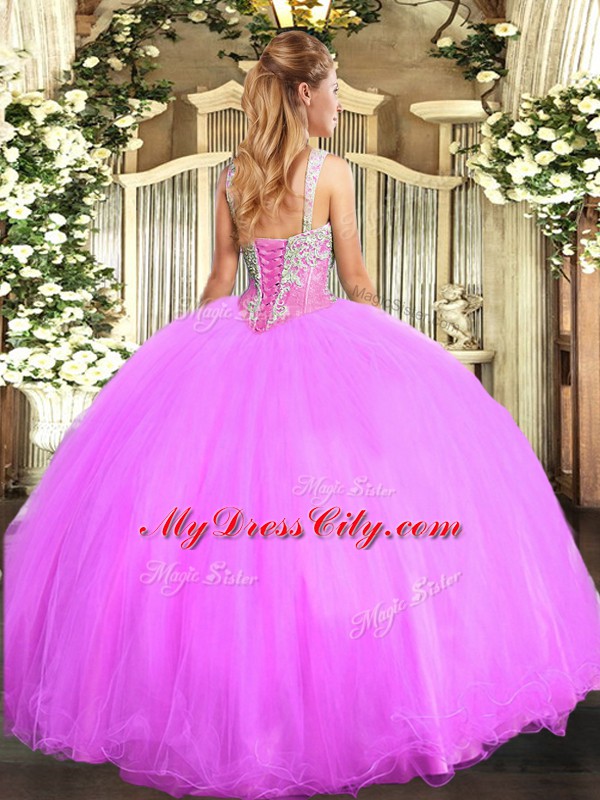 Chic Lavender Ball Gowns Scoop Sleeveless Tulle Floor Length Lace Up Beading Quinceanera Dresses