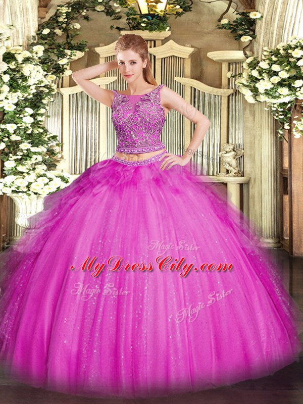 Deluxe Beading and Ruffles Sweet 16 Dresses Fuchsia Lace Up Sleeveless Floor Length