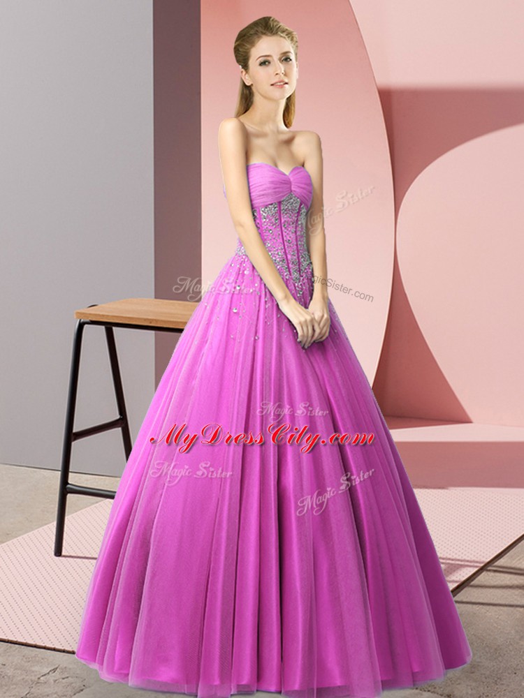 Floor Length Lace Up Prom Party Dress Lilac for Prom and Party with Beading