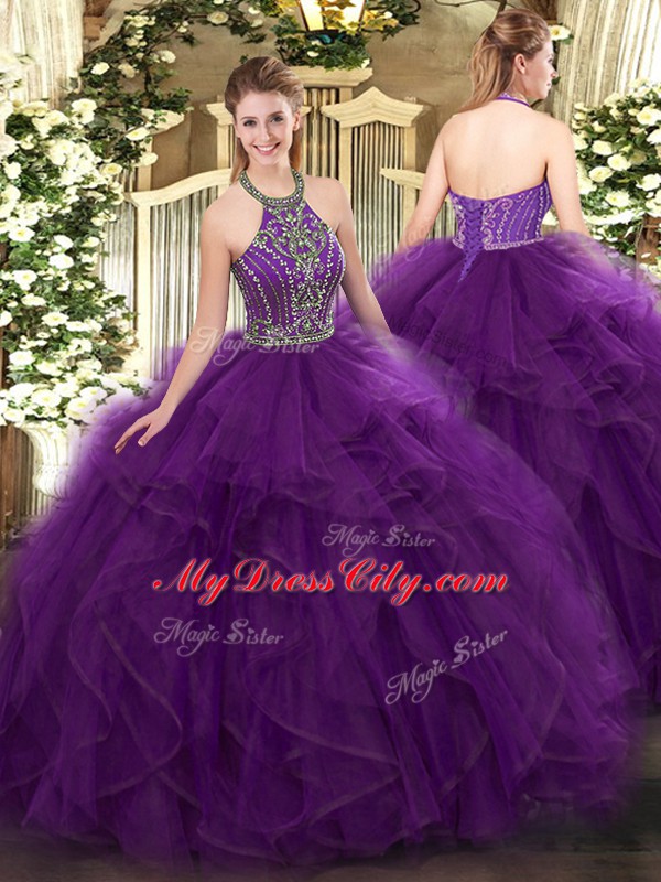 Enchanting Halter Top Sleeveless Lace Up Sweet 16 Dresses Purple Tulle