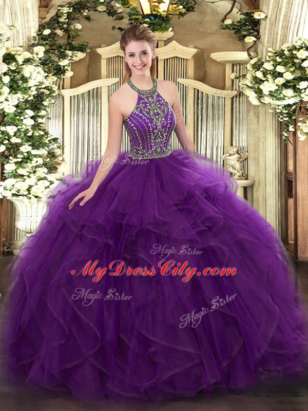 Enchanting Halter Top Sleeveless Lace Up Sweet 16 Dresses Purple Tulle