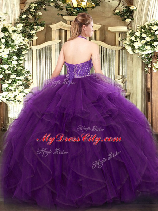 Enchanting Halter Top Sleeveless Lace Up Sweet 16 Dresses Purple Tulle