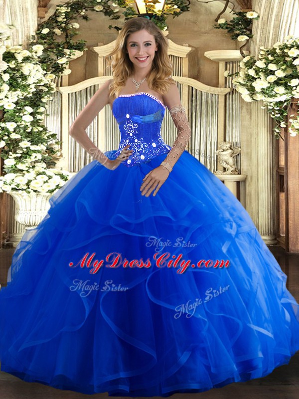 Sophisticated Blue Sleeveless Tulle Lace Up Quince Ball Gowns for Military Ball and Sweet 16 and Quinceanera