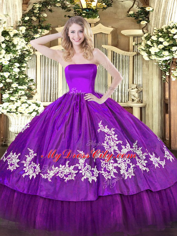 Purple Sleeveless Floor Length Embroidery Zipper Sweet 16 Dress