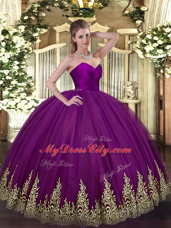 Captivating Purple Ball Gowns Appliques Quinceanera Gown Zipper Tulle Sleeveless Floor Length