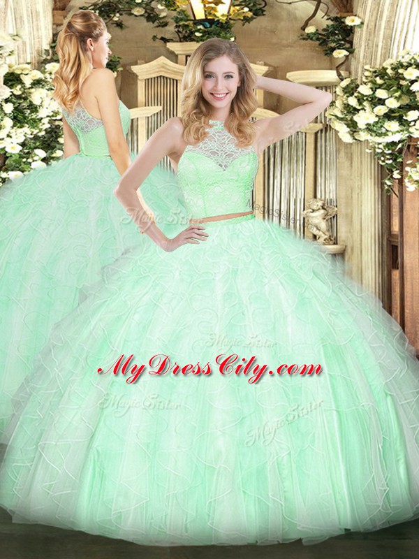 Lace and Ruffles Sweet 16 Dress Apple Green Zipper Sleeveless Floor Length