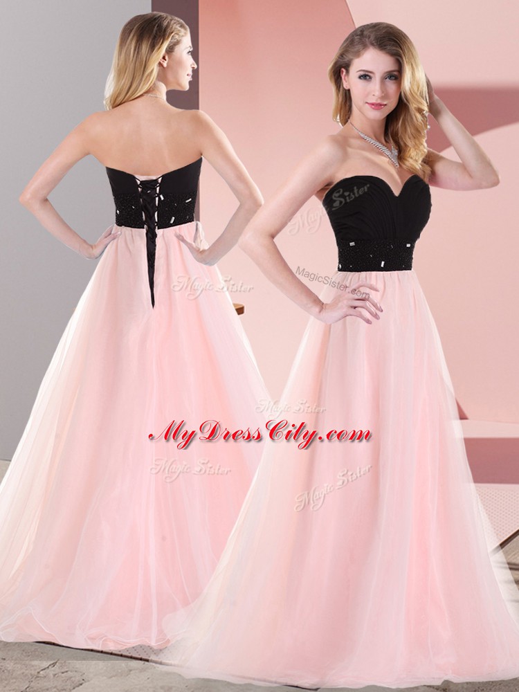 Pretty Pink And Black Empire Tulle Sweetheart Sleeveless Belt Floor Length Lace Up Prom Party Dress