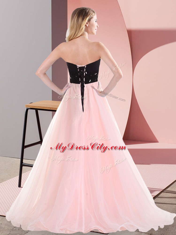 Pretty Pink And Black Empire Tulle Sweetheart Sleeveless Belt Floor Length Lace Up Prom Party Dress