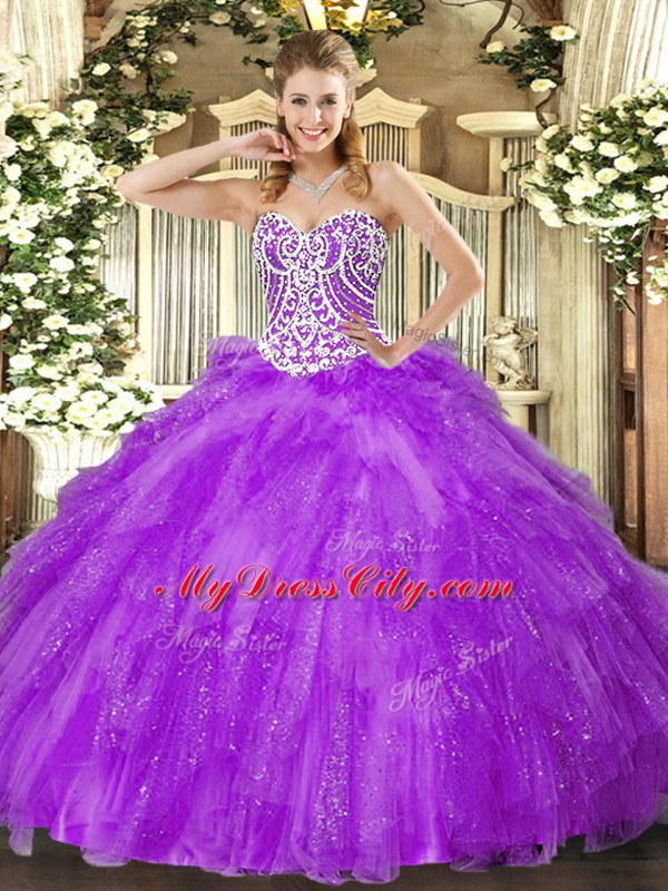 Lavender Sleeveless Floor Length Beading and Ruffles Lace Up 15th Birthday Dress