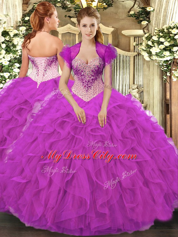 Designer Sweetheart Sleeveless Sweet 16 Dresses Floor Length Beading and Ruffles Fuchsia Organza