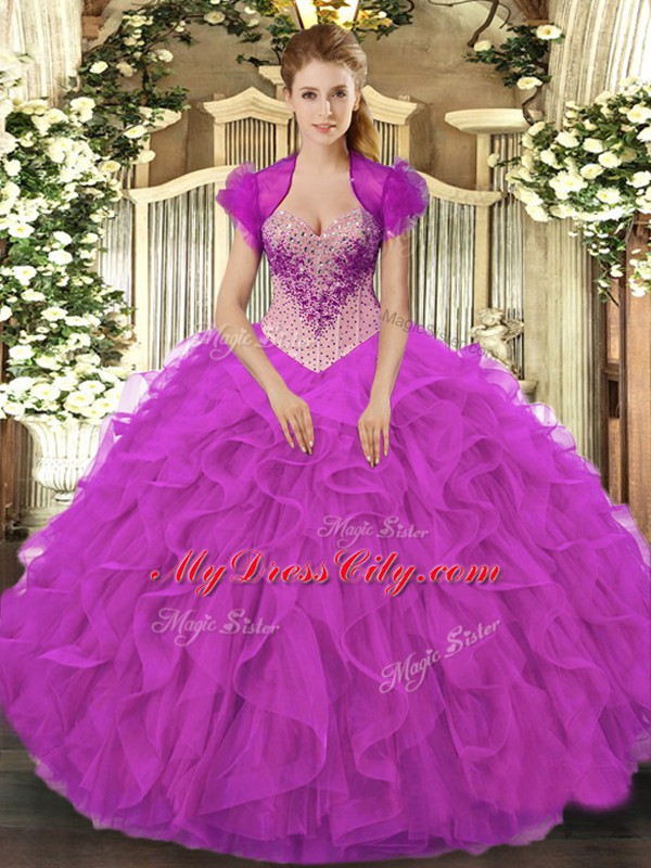 Designer Sweetheart Sleeveless Sweet 16 Dresses Floor Length Beading and Ruffles Fuchsia Organza