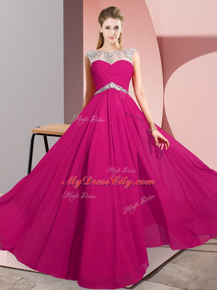 Hot Sale Fuchsia Empire Chiffon Scoop Sleeveless Beading Floor Length Clasp Handle Prom Party Dress