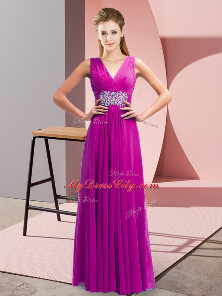 Unique Chiffon V-neck Sleeveless Side Zipper Beading and Ruching Prom Party Dress in Fuchsia