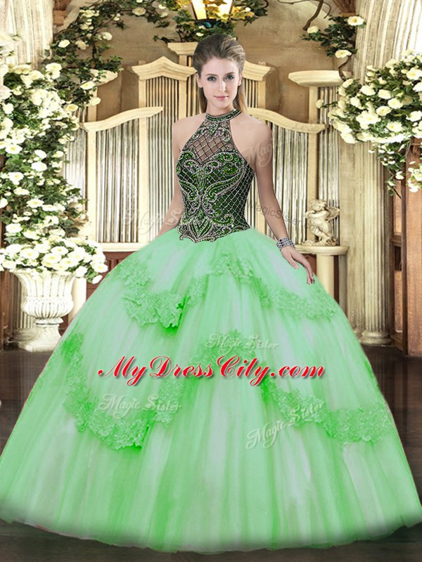 Ball Gowns Taffeta and Tulle Halter Top Sleeveless Beading and Appliques Floor Length Lace Up Vestidos de Quinceanera