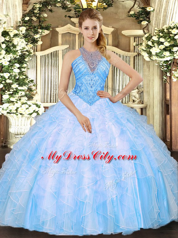 Cute High-neck Sleeveless Lace Up 15th Birthday Dress Baby Blue Organza