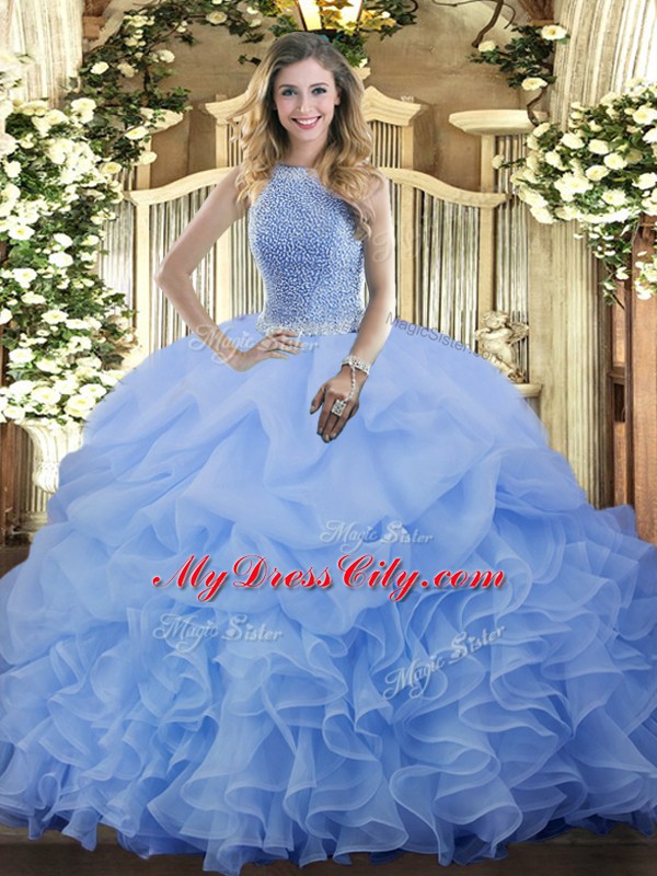 Charming High-neck Sleeveless Organza 15 Quinceanera Dress Beading and Ruffles and Pick Ups Lace Up